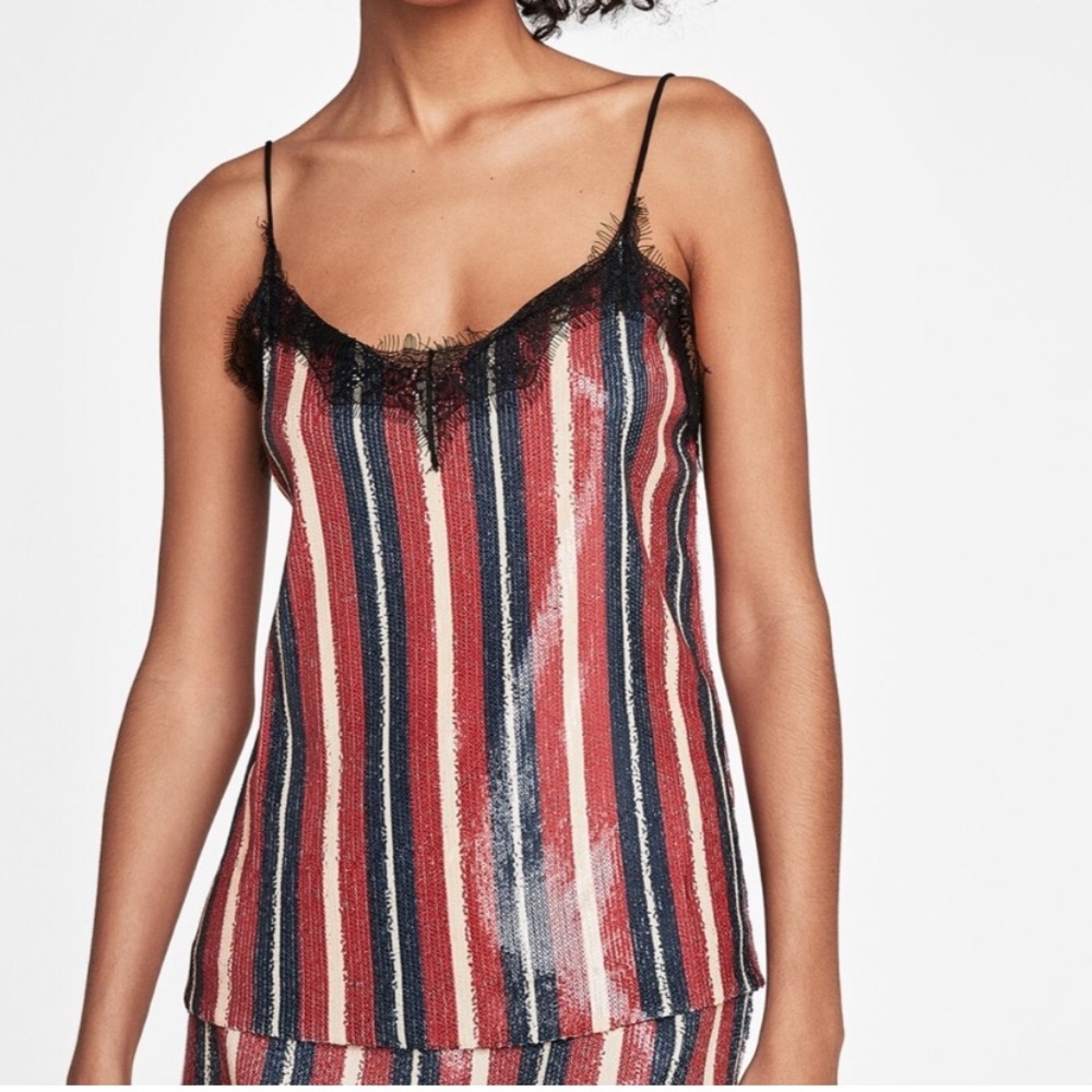 NWT Zara Strappy Striped Sequin & Lace Cami Top